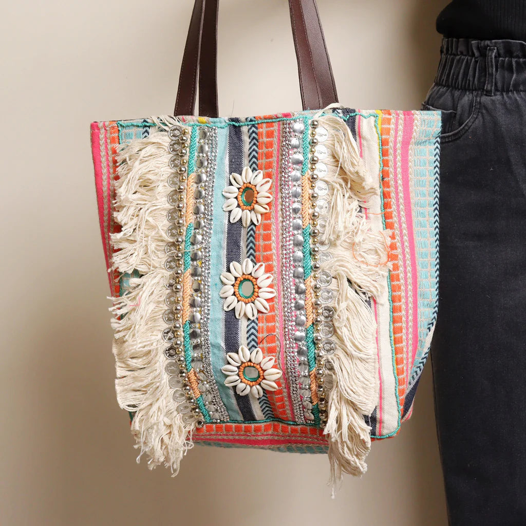 Multi Striped Fringed Tote