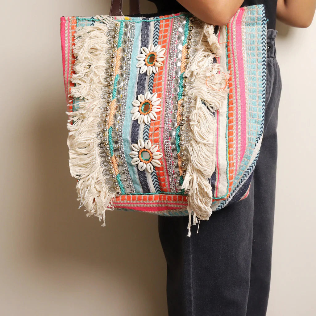 Multi Striped Fringed Tote