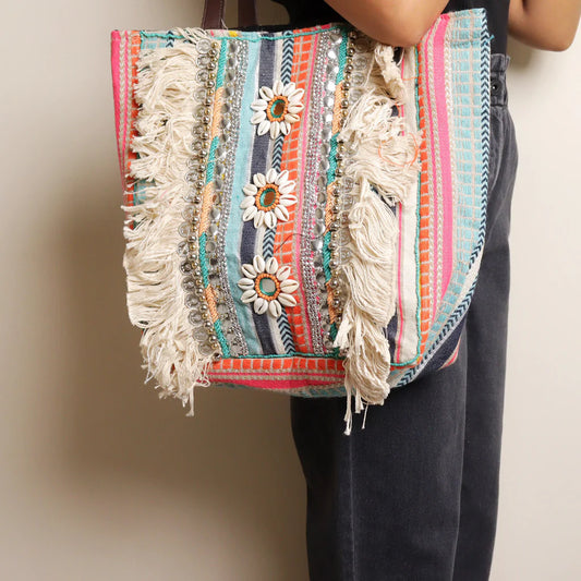 Multi Striped Fringed Tote