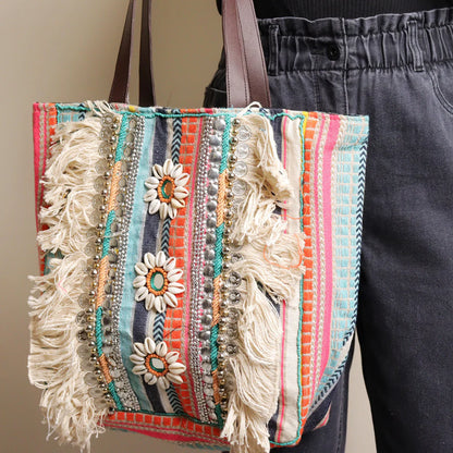 Multi Striped Fringed Tote