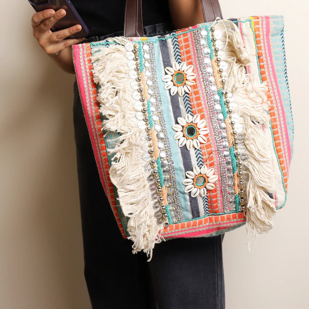 Multi Striped Fringed Tote